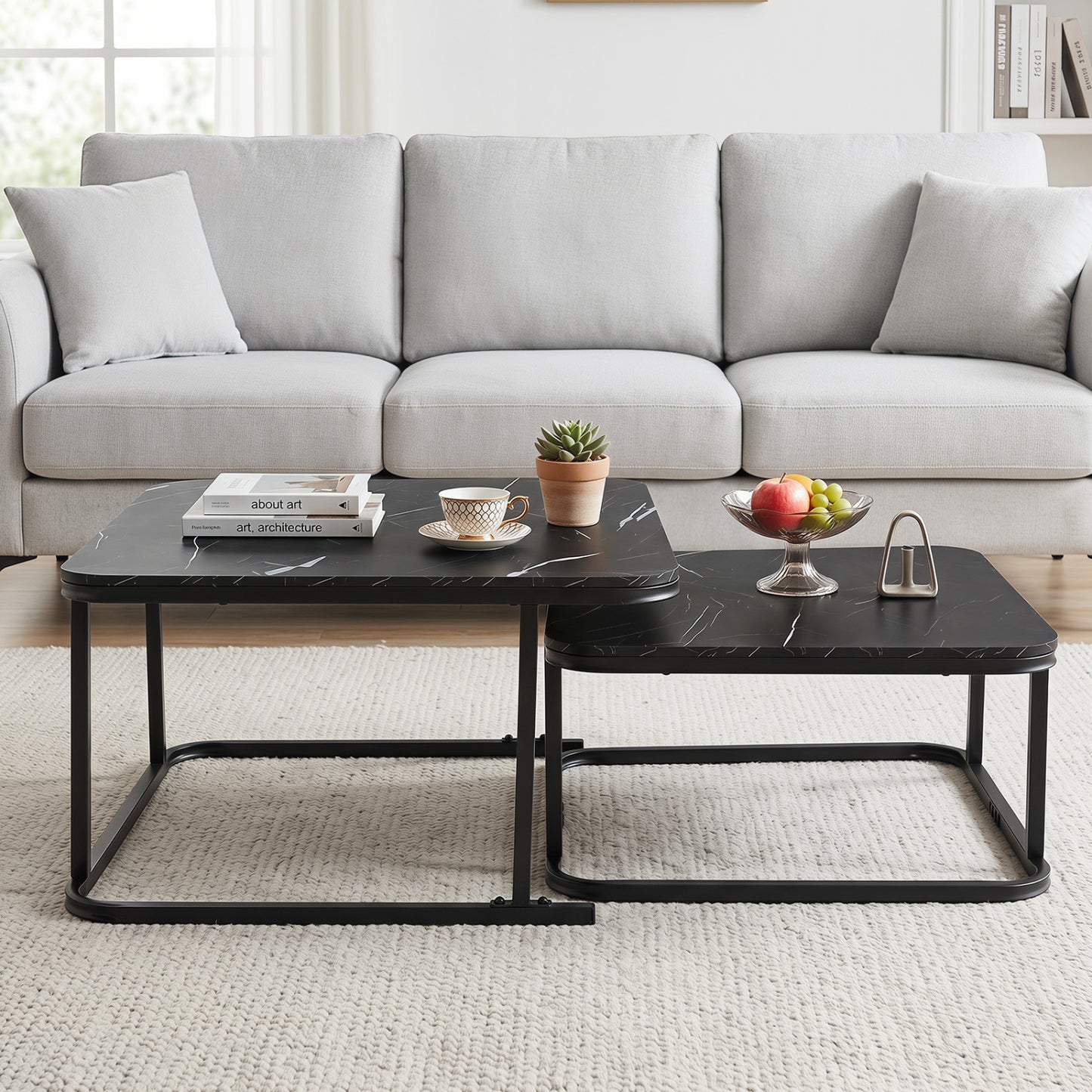 Nesting Coffee Table Set of 2 with Faux Marble Top and Metal Frame, Black Coffee Tables at Gallery Canada