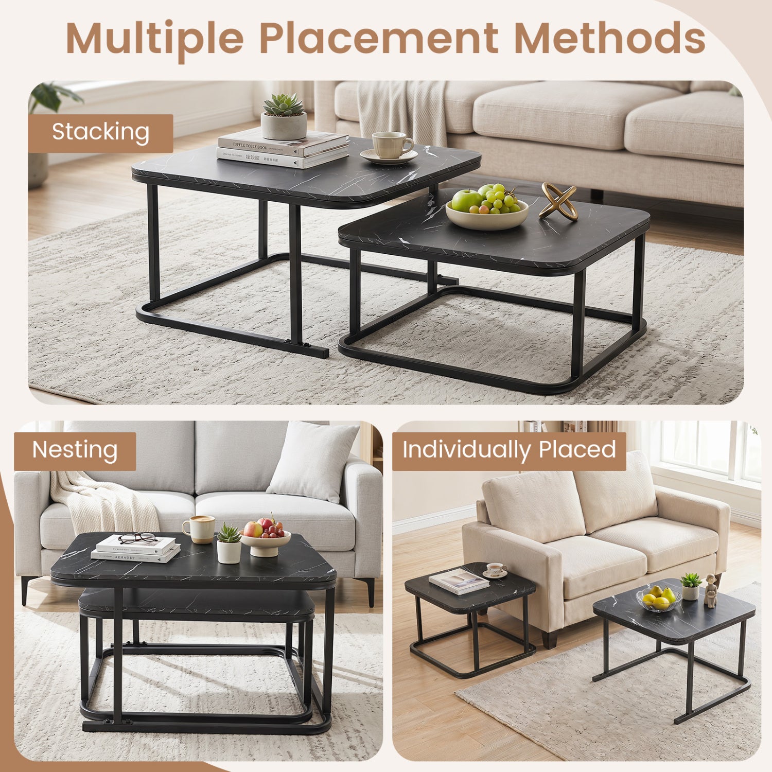 Nesting Coffee Table Set of 2 with Faux Marble Top and Metal Frame, Black Coffee Tables at Gallery Canada