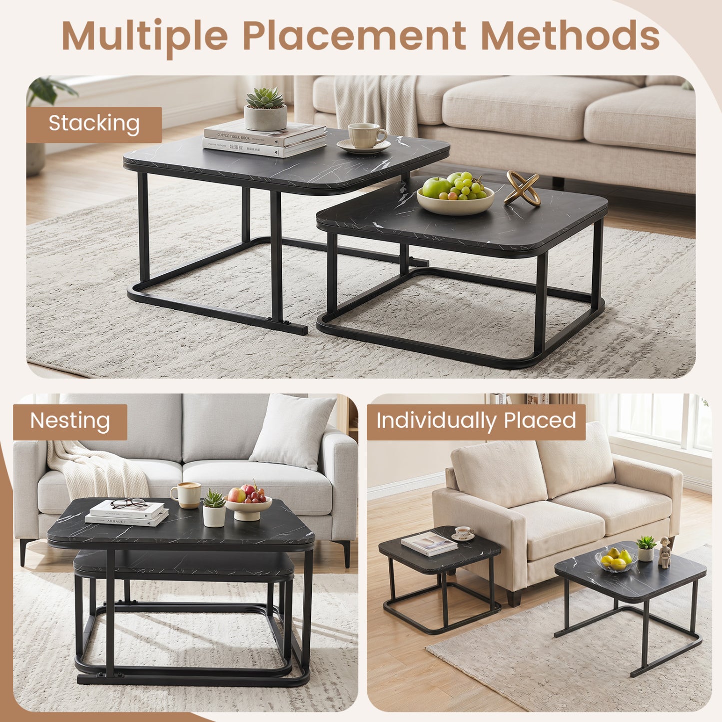 Nesting Coffee Table Set of 2 with Faux Marble Top and Metal Frame, Black Coffee Tables at Gallery Canada