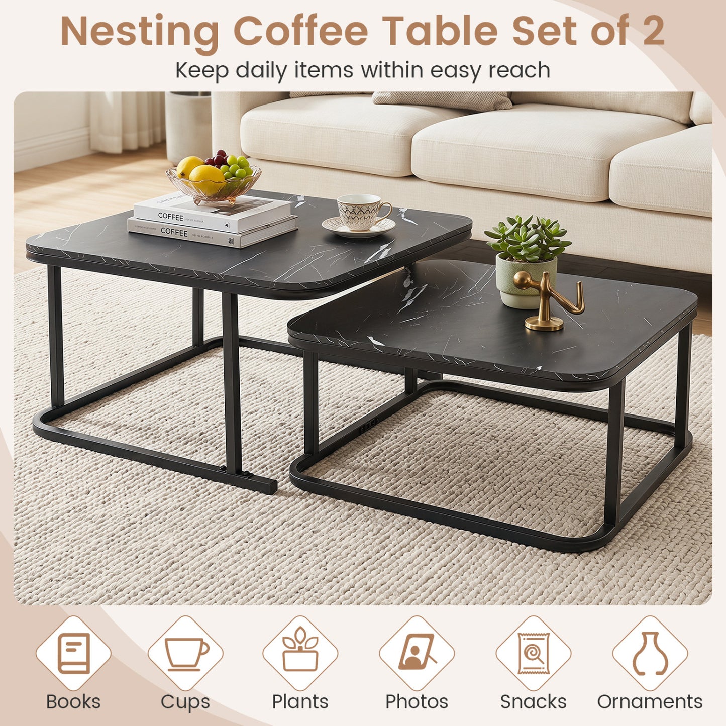 Nesting Coffee Table Set of 2 with Faux Marble Top and Metal Frame, Black Coffee Tables at Gallery Canada