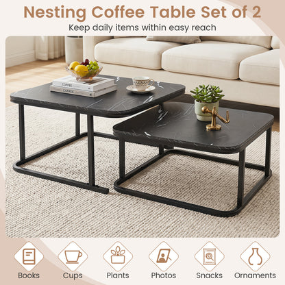 Nesting Coffee Table Set of 2 with Faux Marble Top and Metal Frame, Black Coffee Tables at Gallery Canada