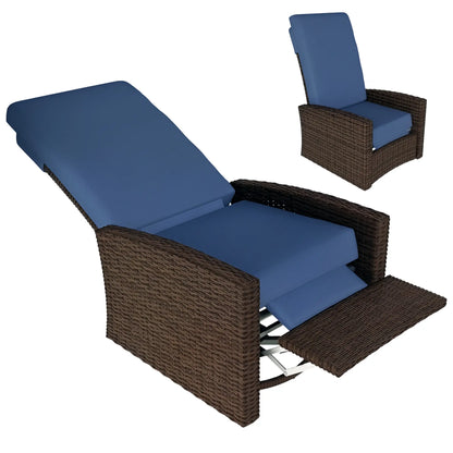 Outdoor Rattan Wicker Lounge Chair with Footrest &; Soft Cushion for Patio, Garden, Backyard, Dark Blue Patio Chairs at Gallery Canada