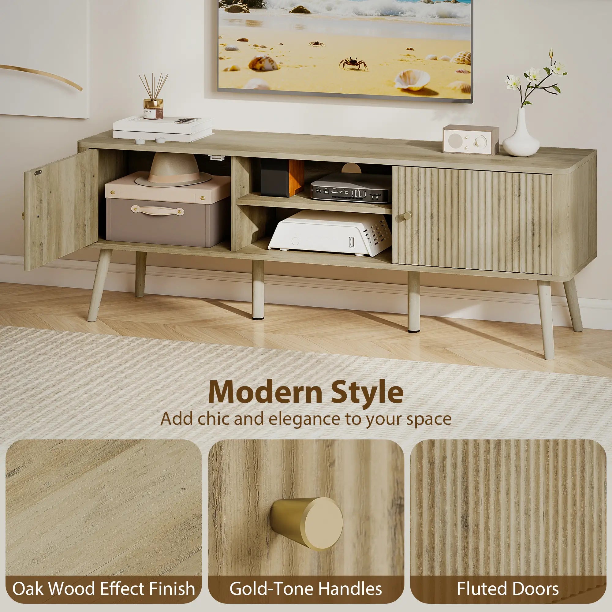 TV Stand for 65 Inch TV, Adjustable Shelves, Pine Wood Legs, Oak TV Stands at Gallery Canada