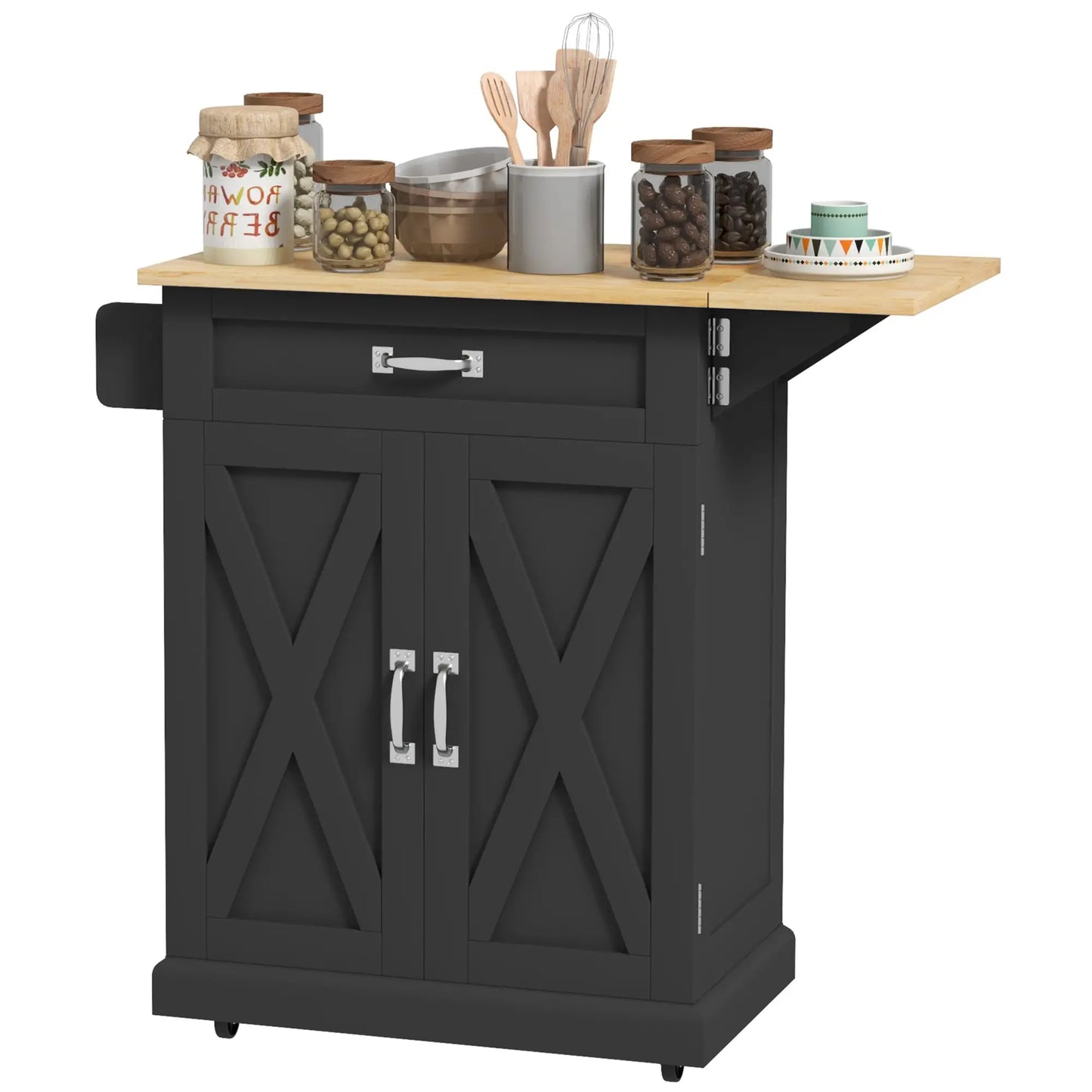 Foldable Kitchen Island with Storage Drawer, Farmhouse Rolling Utility Cart on Wheels with Drop-Leaf Wood Top, Black Kitchen Islands & Kitchen Carts Black at Gallery Canada