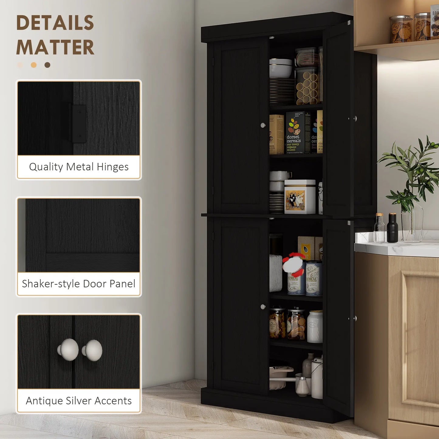 72.5" Freestanding Kitchen Pantry, 4 Doors, Black Kitchen Pantry Cabinets at Gallery Canada