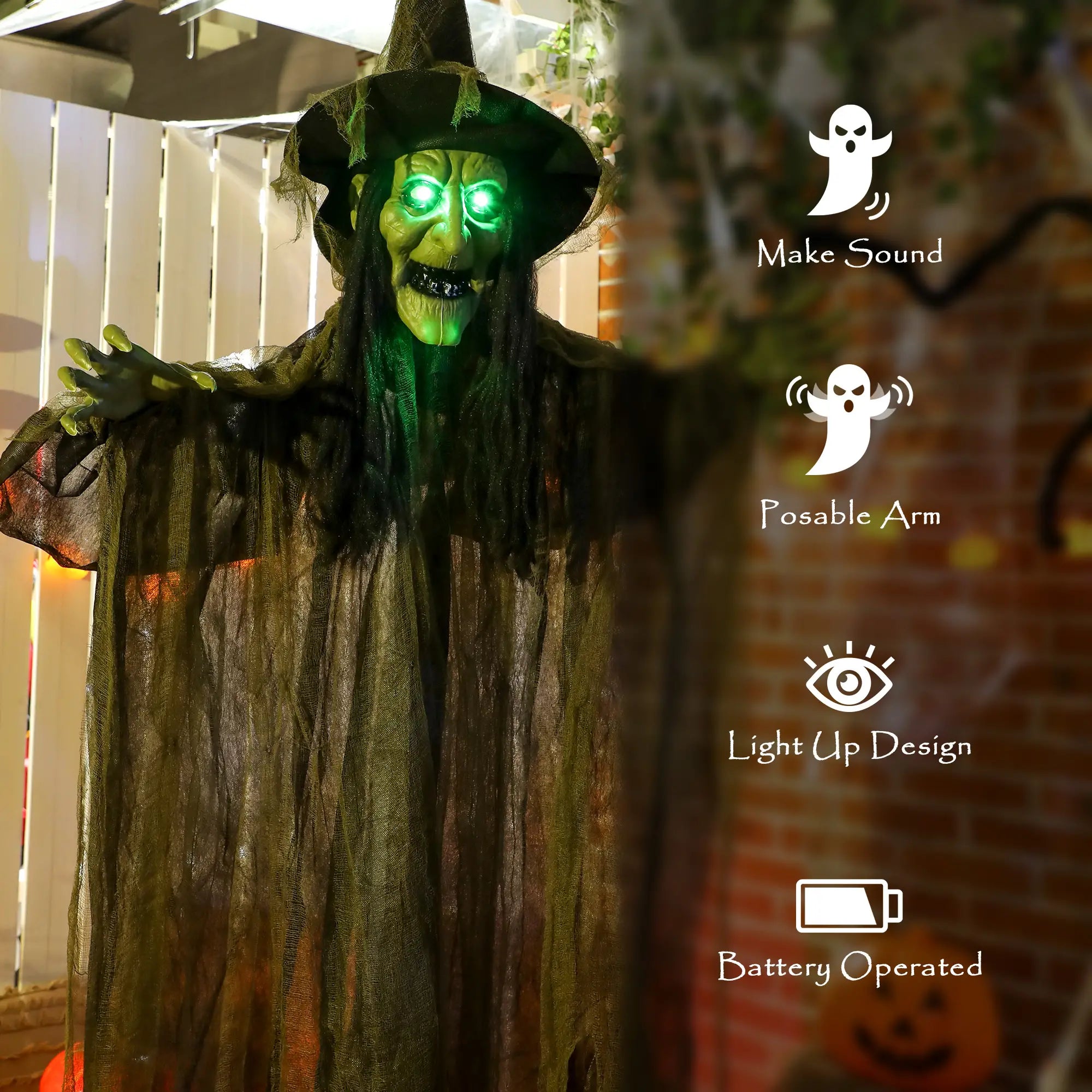 Animatronics Hanging Witch, Voice Activated, Flashing Eyes, Green Halloween Decorations at Gallery Canada