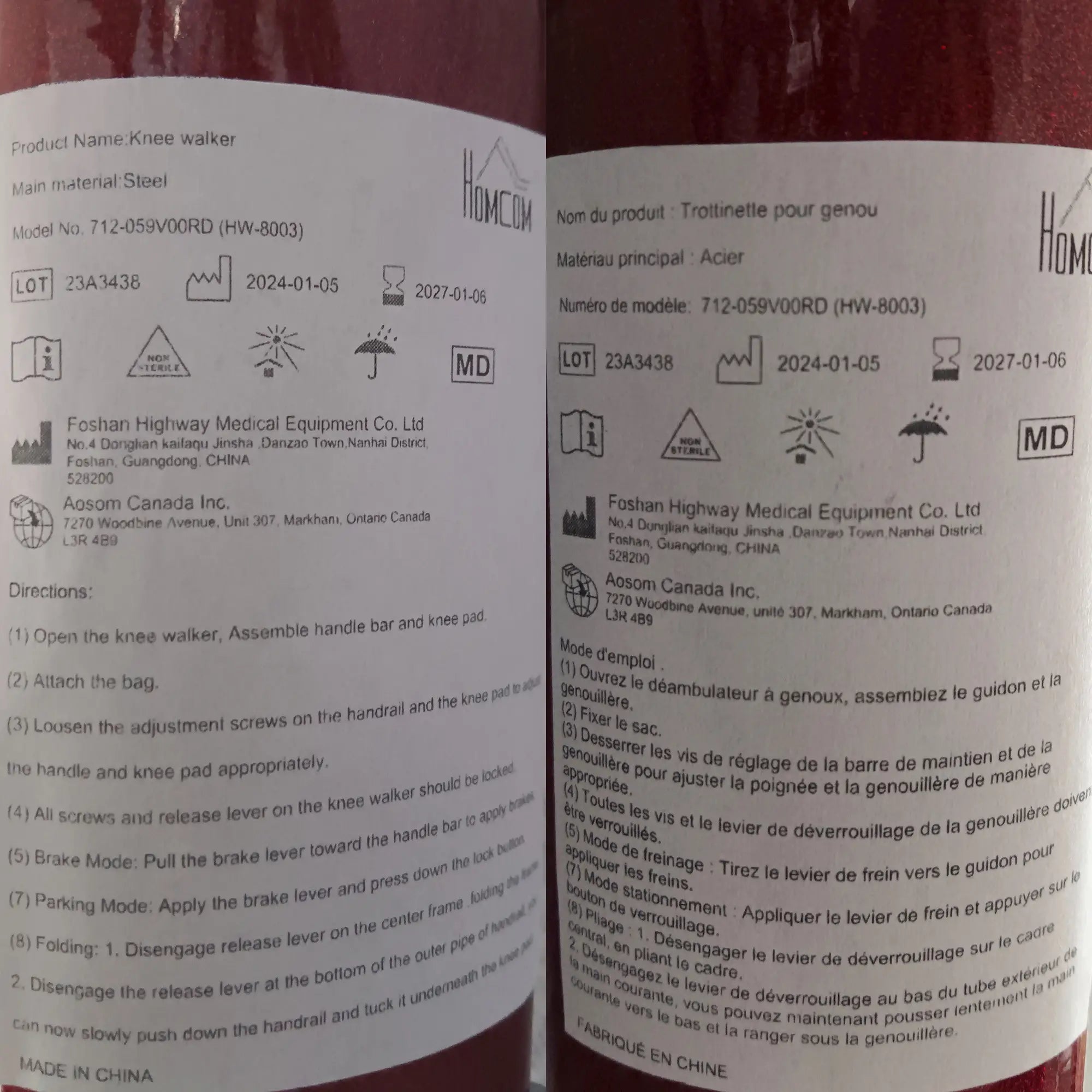 Adjustable Steerable Knee Walker, Foldable, Rubber Wheels, Dual Brake, Red Knee Walker & Wheelchair Ramps at Gallery Canada