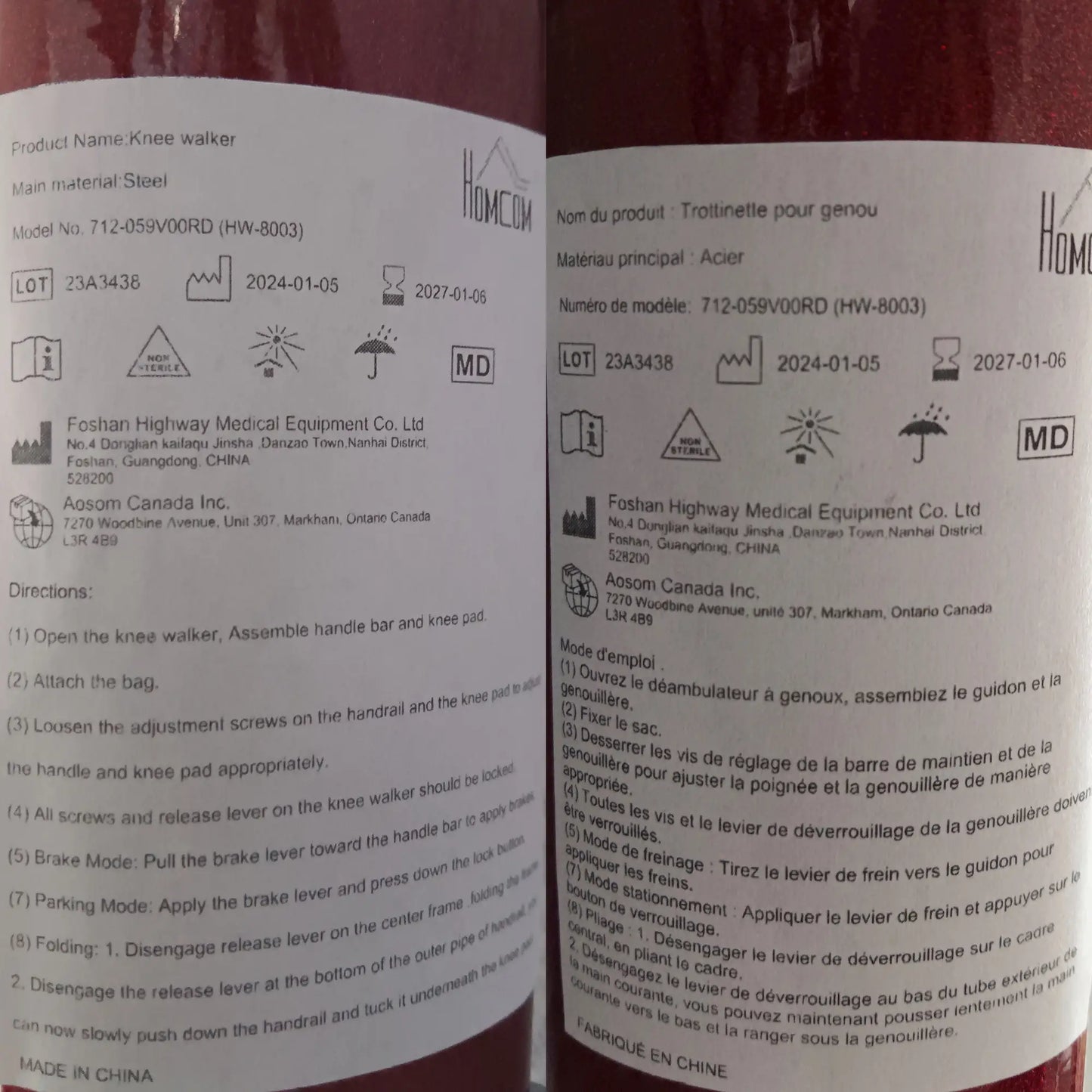 Adjustable Steerable Knee Walker, Foldable, Rubber Wheels, Dual Brake, Red Knee Walker & Wheelchair Ramps at Gallery Canada