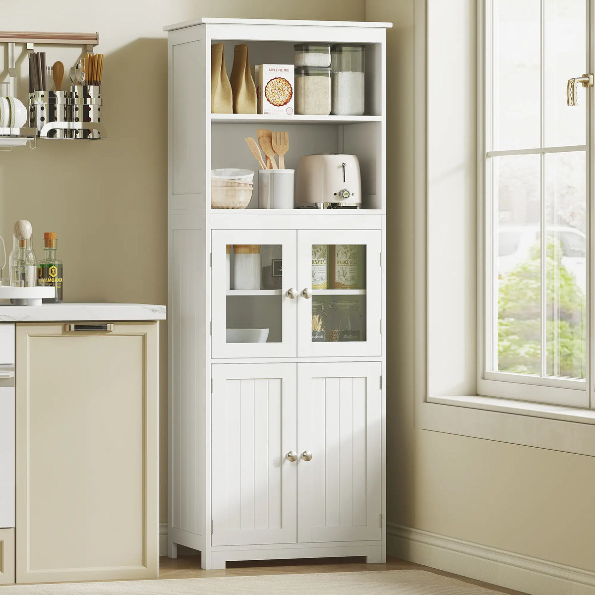 63" Small Buffet with Hutch, 4-Door Kitchen Pantry, Adjustable Shelf, White Kitchen Pantry Cabinets at Gallery Canada
