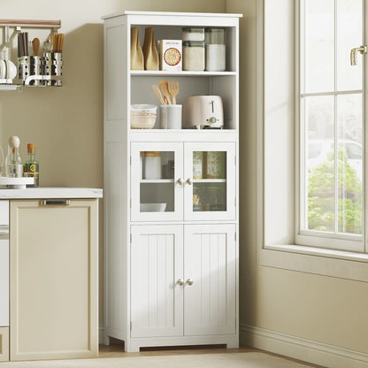 63" Small Buffet with Hutch, 4-Door Kitchen Pantry, Adjustable Shelf, White Kitchen Pantry Cabinets at Gallery Canada