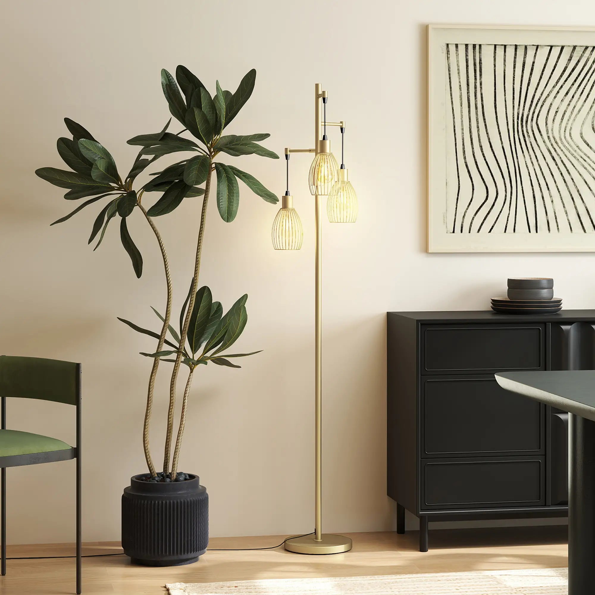 Industrial Floor Lamp, 3 Hanging Wire Lampshades, Dimmable, Gold Floor Lamps & Ceiling Fan Lights at Gallery Canada