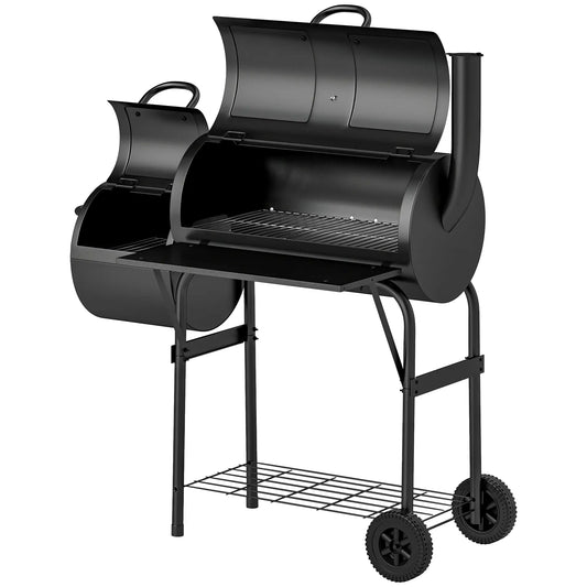Portable Charcoal BBQ Grill With Offset Smoker, 2 Shelves, Thermometer, Wheels, Black Charcoal BBQ Grils Black at Gallery Canada