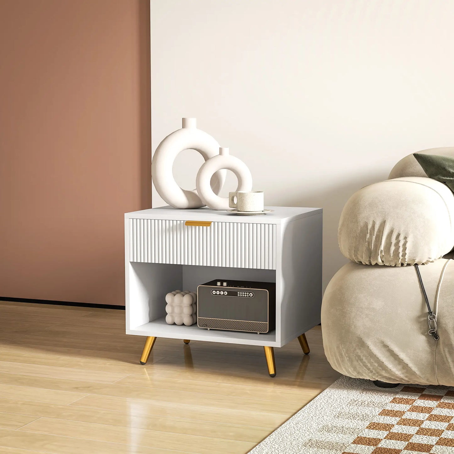 Modern Nightstand with Drawer, Open Compartment, White Bedside Tables at Gallery Canada