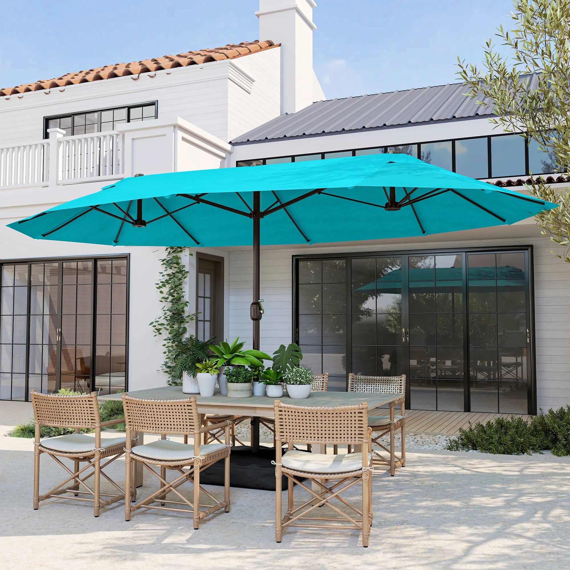 15' Outdoor Patio Umbrella, Twin Canopy Sunshade, Steel Table, Light Blue Double-sided Umbrellas at Gallery Canada
