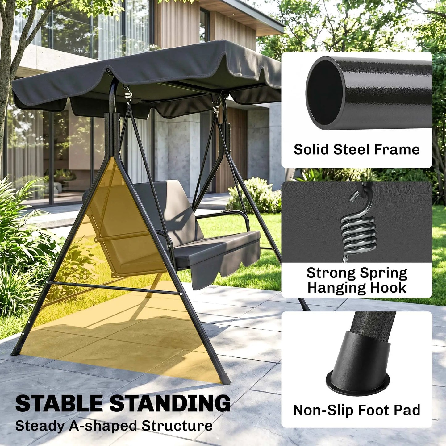 3-Seater Outdoor Porch Swing, Adjustable Canopy, Black Patio Swings with Stand at Gallery Canada