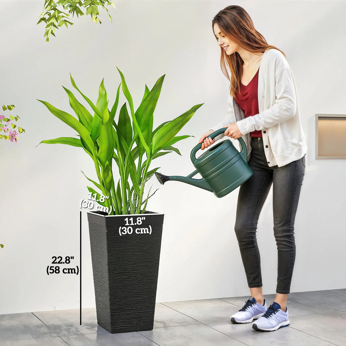 22.8" Tall Planters Set of 3, Stone Finish, Wheels, Drainage, Black Garden Accessories at Gallery Canada