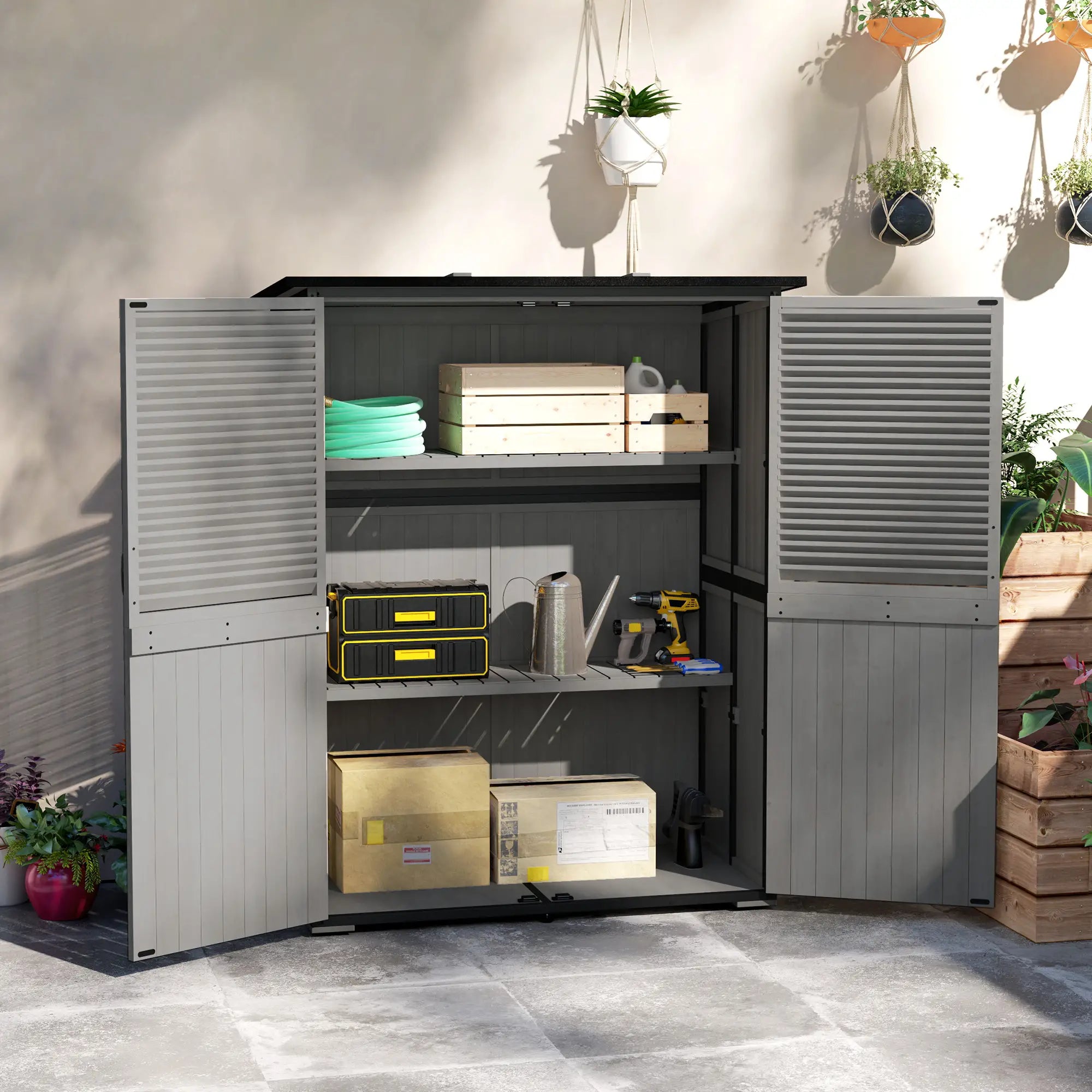 Outdoor Storage Cabinet, Wood Garden Shed, Steel Frame, Asphalt Roof, 2 Shelves, Lockable Doors, Grey Sheds at Gallery Canada