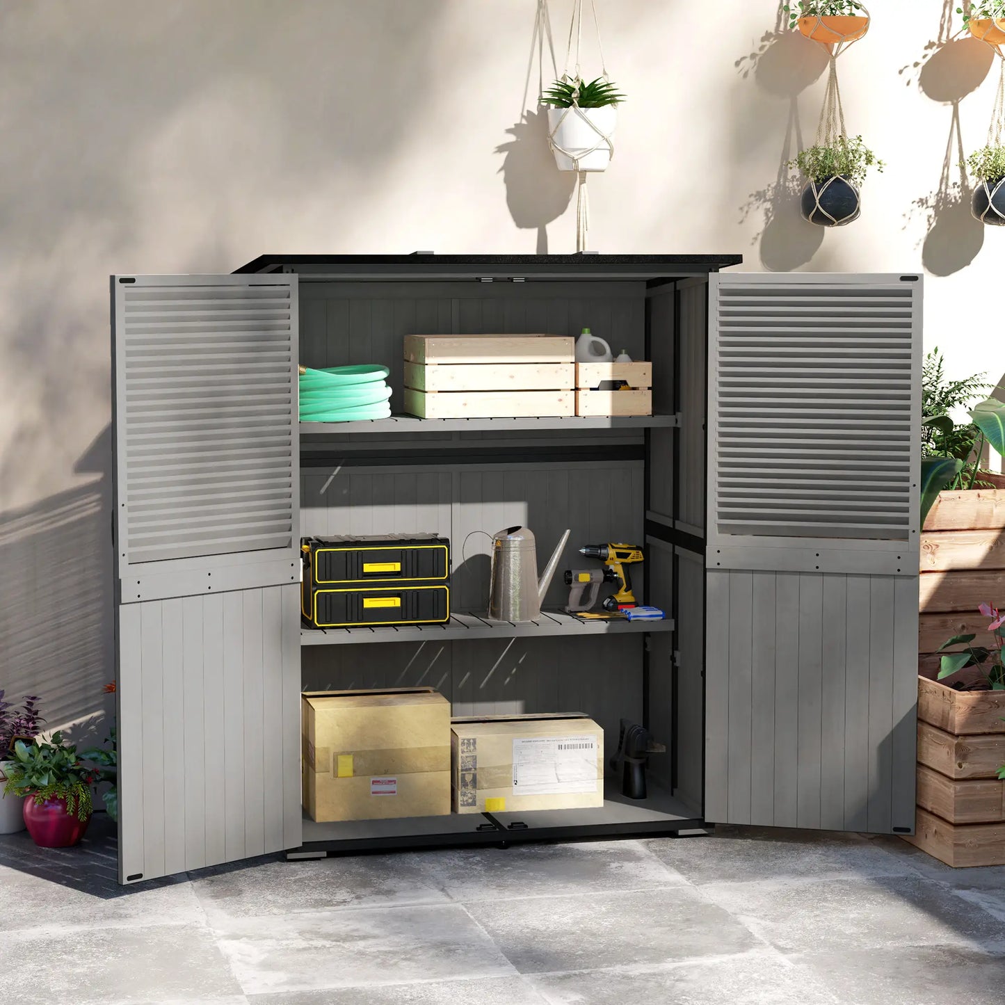 Outdoor Storage Cabinet, Wood Garden Shed, Steel Frame, Asphalt Roof, 2 Shelves, Lockable Doors, Grey Sheds at Gallery Canada