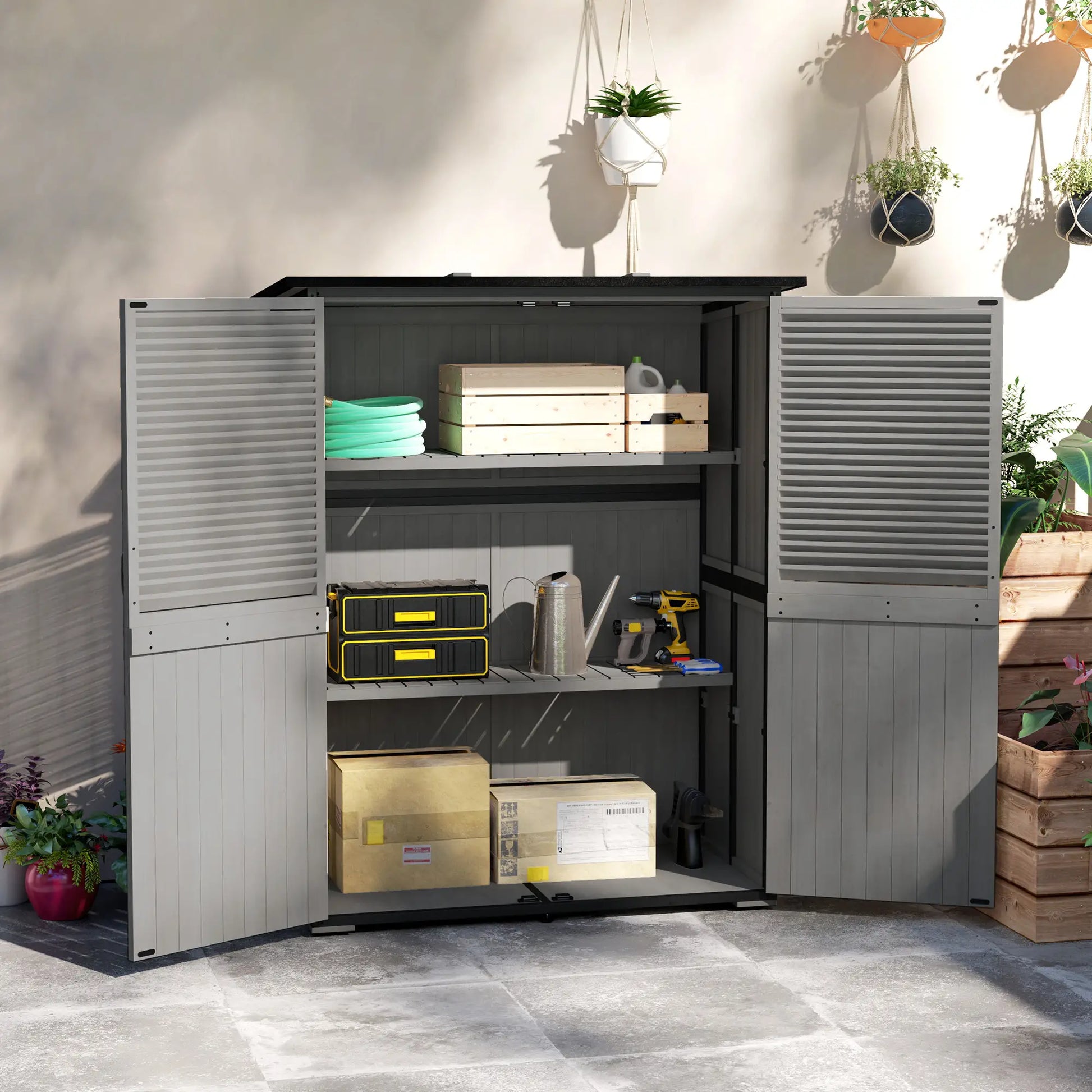 Outdoor Storage Cabinet, Wood Garden Shed, Steel Frame, Asphalt Roof, 2 Shelves, Lockable Doors, Grey Sheds at Gallery Canada