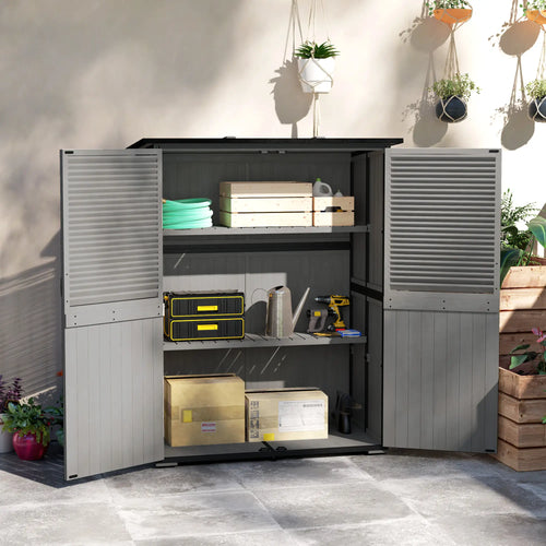 Outdoor Storage Cabinet, Wood Garden Shed, Steel Frame, Asphalt Roof, 2 Shelves, Lockable Doors, Grey