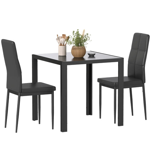 3-Piece Rectangular Glass Dining Table, Metal Frame, Faux Leather Chairs, Black