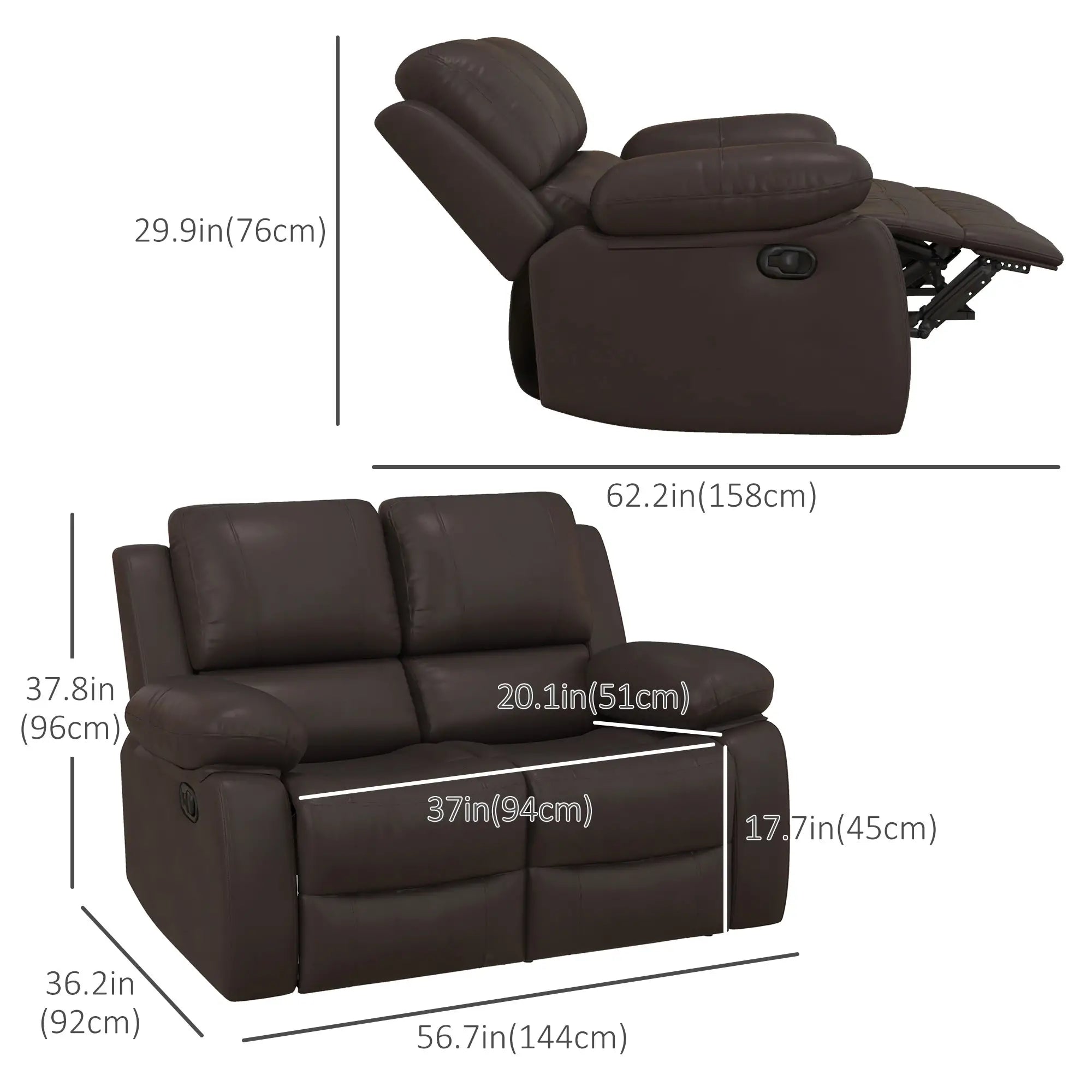 PU Leather Manual Recliner Sofa, Double Loveseat with Footrest, Brown 2-Seater Sofas at Gallery Canada