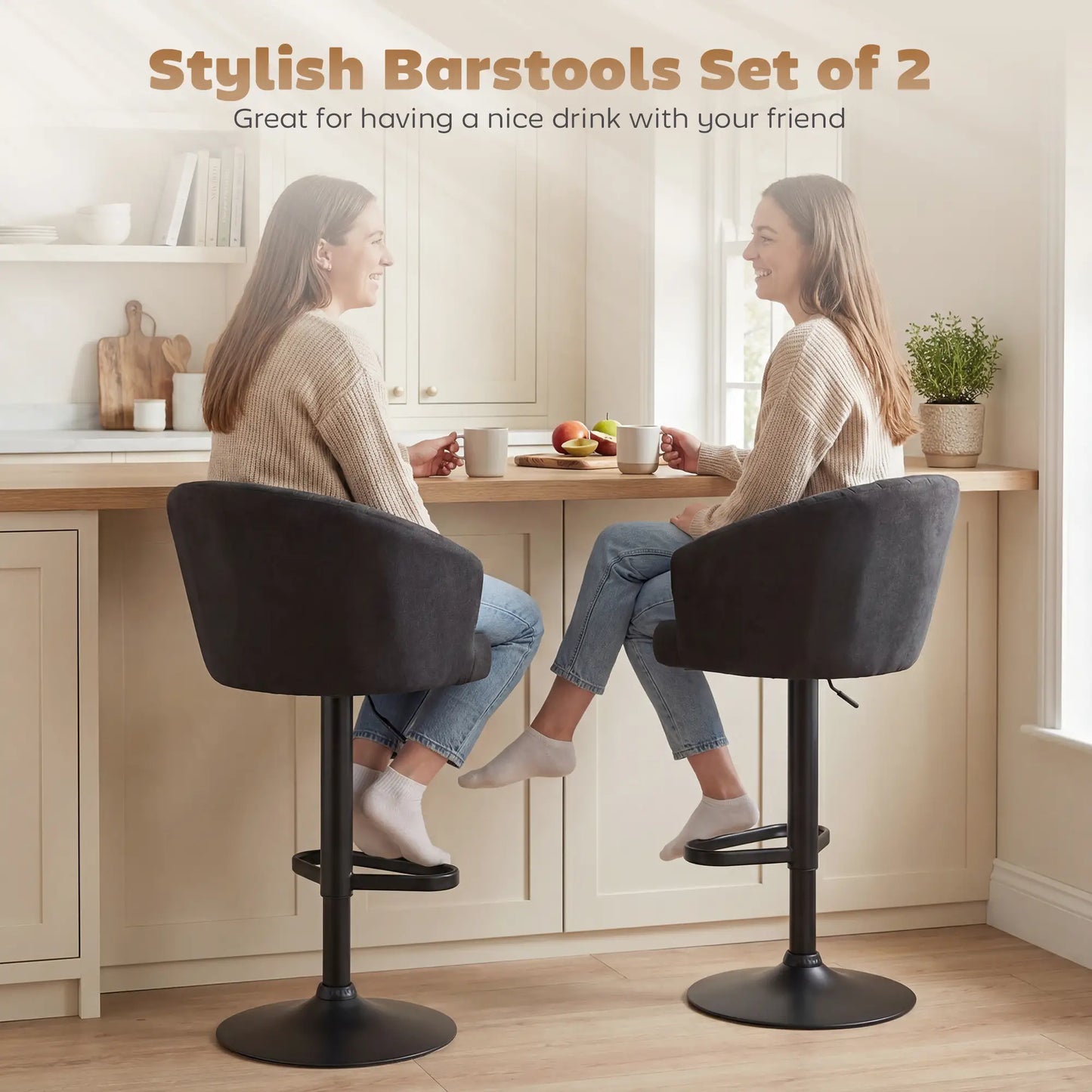 Adjustable Bar Stools Set of 2, Upholstered Kitchen Stools, Steel Frame, Black Bar Stools at Gallery Canada