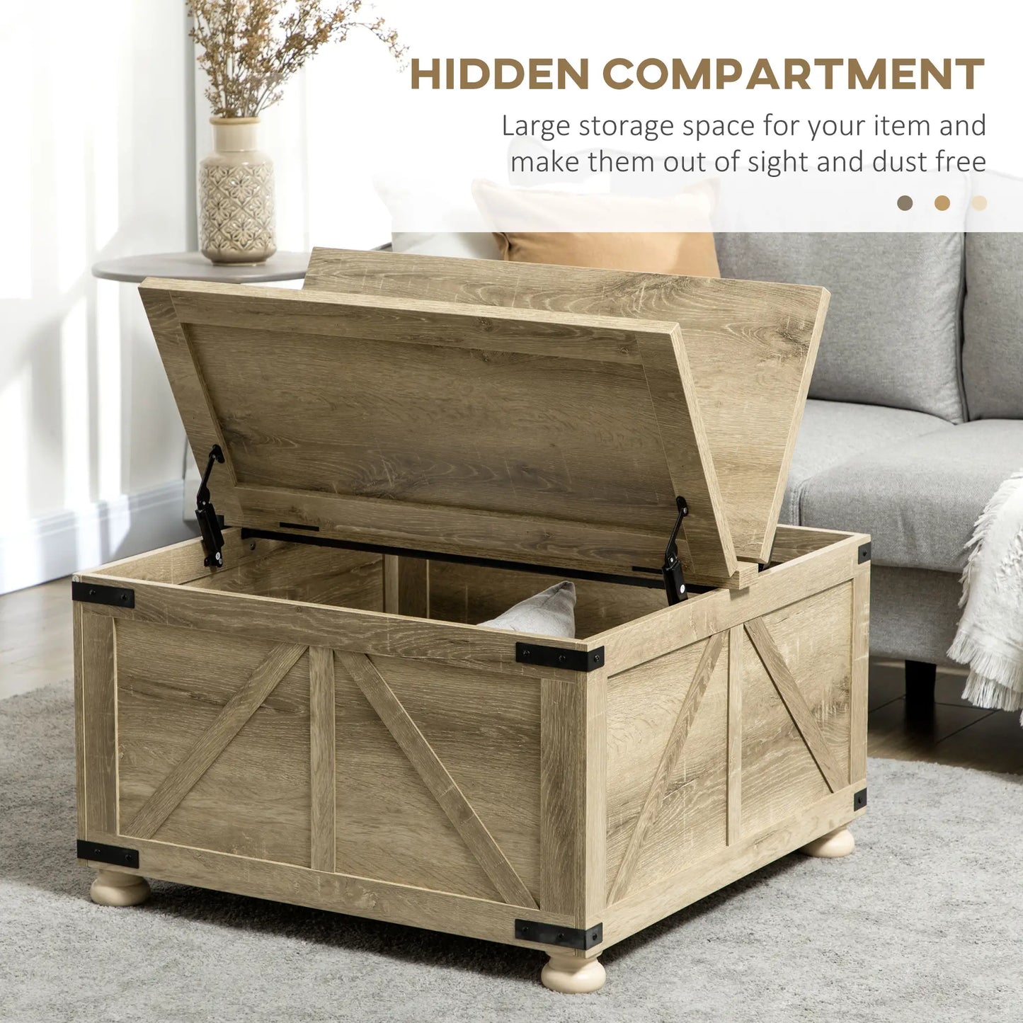 Farmhouse Coffee Table, Square Flip-Top Lid, Hidden Storage, Oak Coffee Tables at Gallery Canada