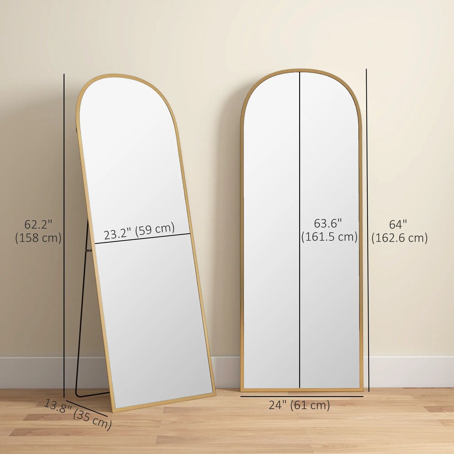 Arched Standing Mirror, 64" x 24", Full Length Mirror, Gold