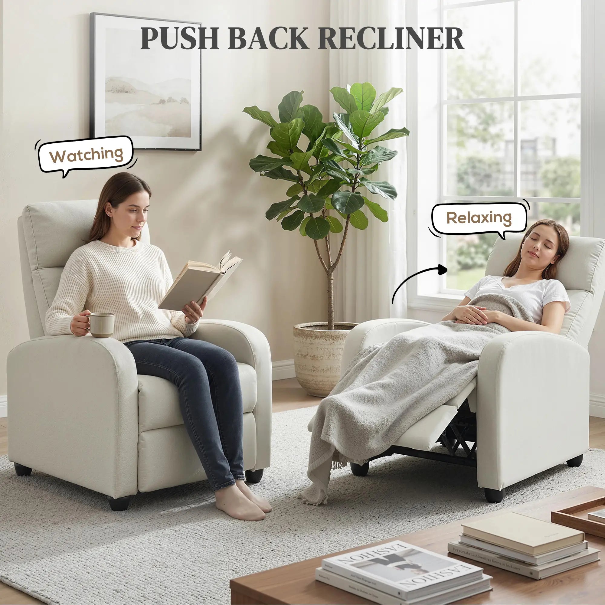 Fabric Recliner Chair, Manual Reclining Sofa, Padded Seat, Cream White Single Sofas at Gallery Canada