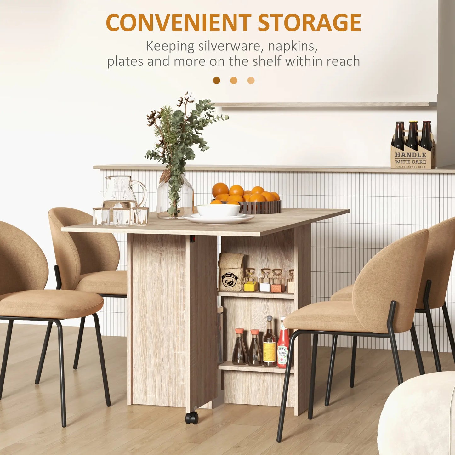 Extendable Dining Table, Collapsible w/ 2-Tier Shelves, Rolling Casters, Nature Wood Dining Tables at Gallery Canada