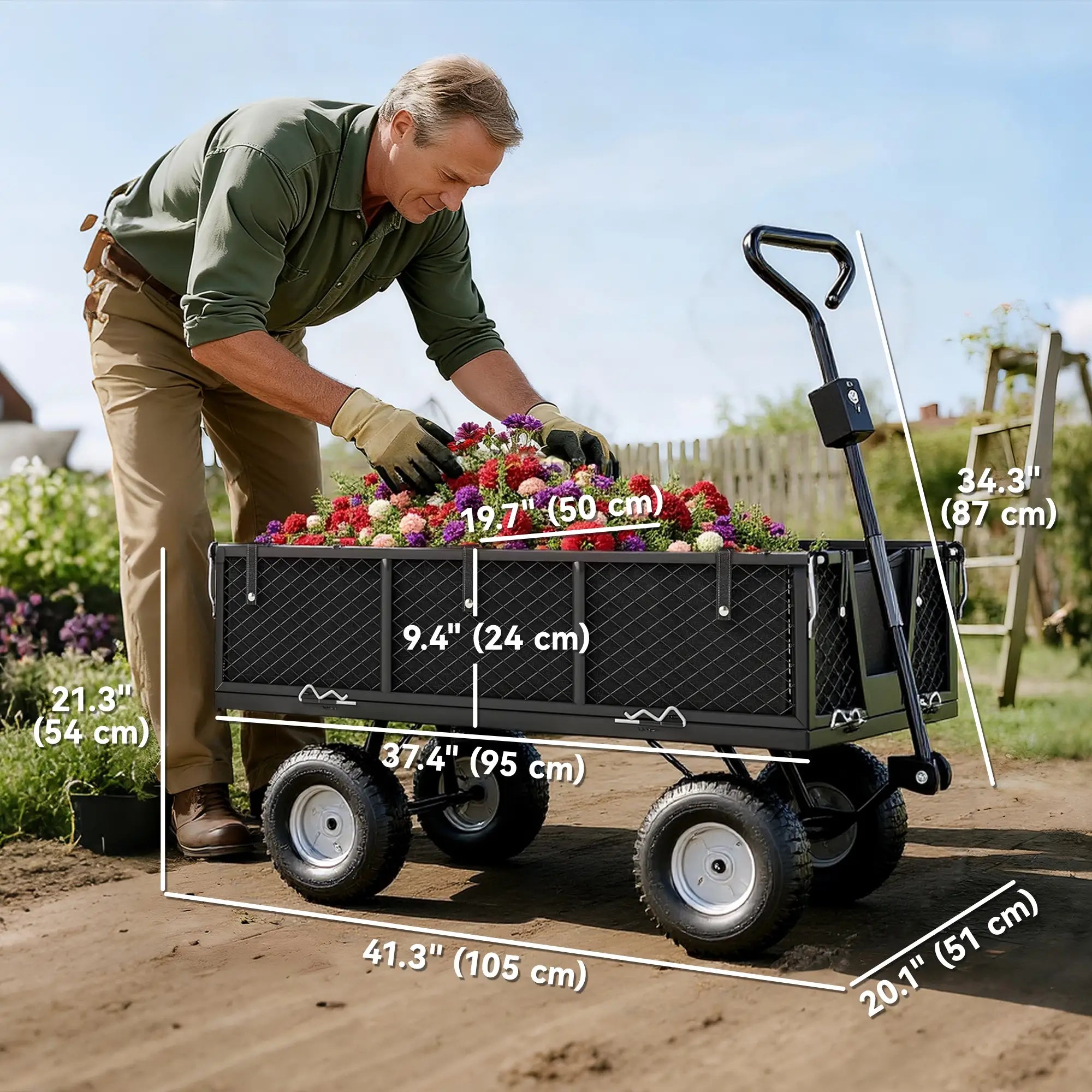 Steel Garden Cart, Utility Wagon, Removable Liner, Quick-Release Sides, 10
