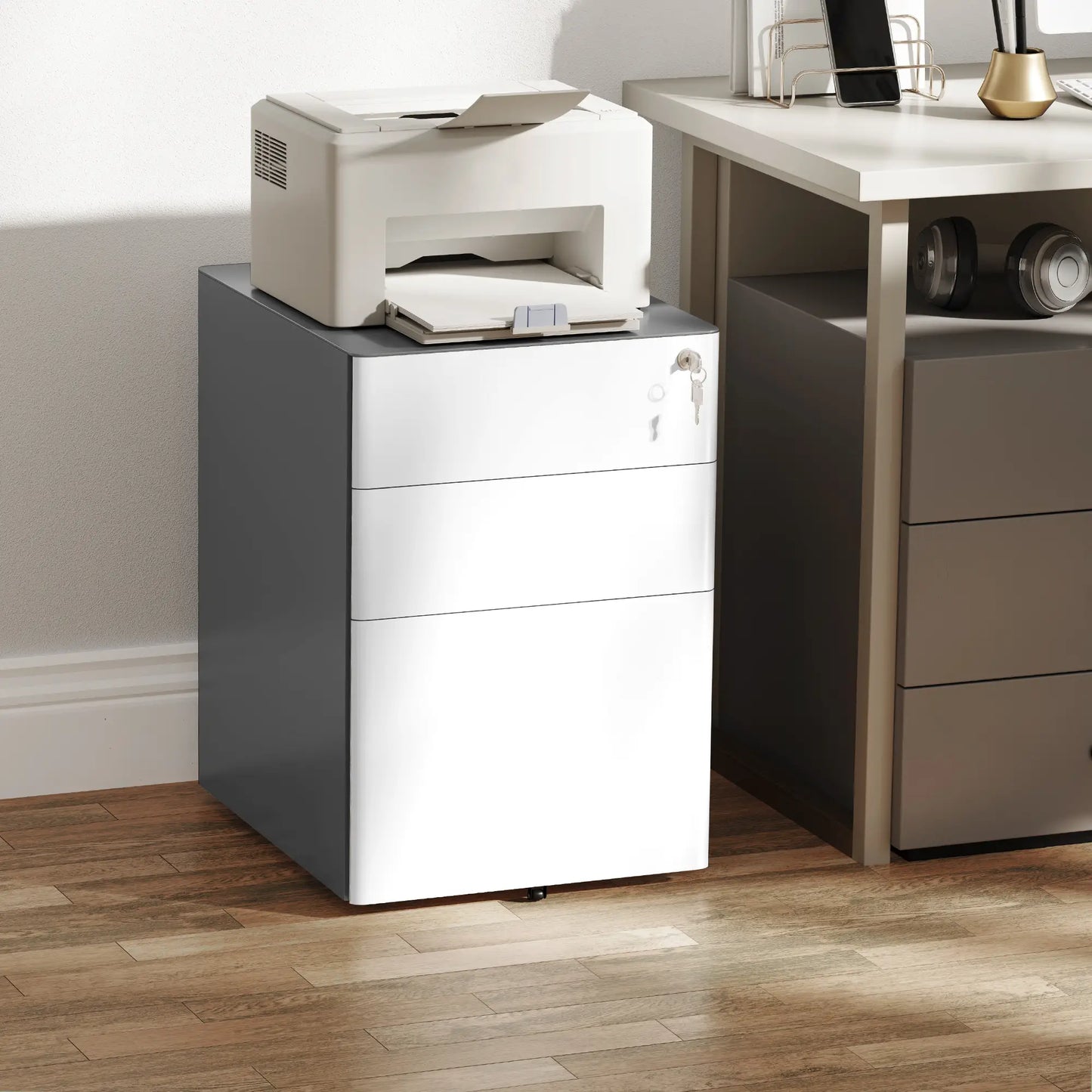 3 Drawer Filing Cabinet, Home Office Storage with Wheels, Lock, Grey and White Office Cabinets & Cupboards at Gallery Canada