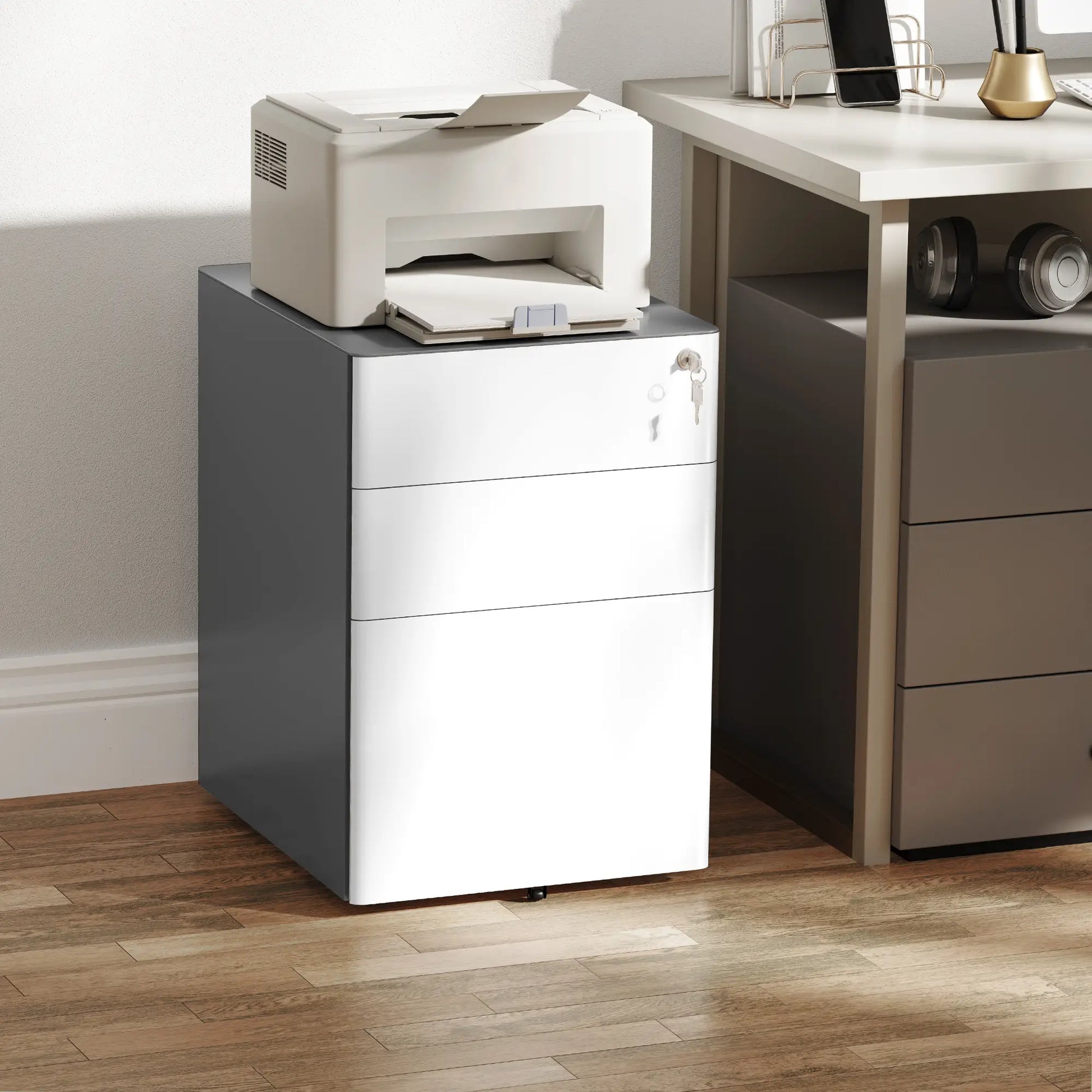 3 Drawer Filing Cabinet, Home Office Storage with Wheels, Lock, Grey and White Office Cabinets & Cupboards at Gallery Canada