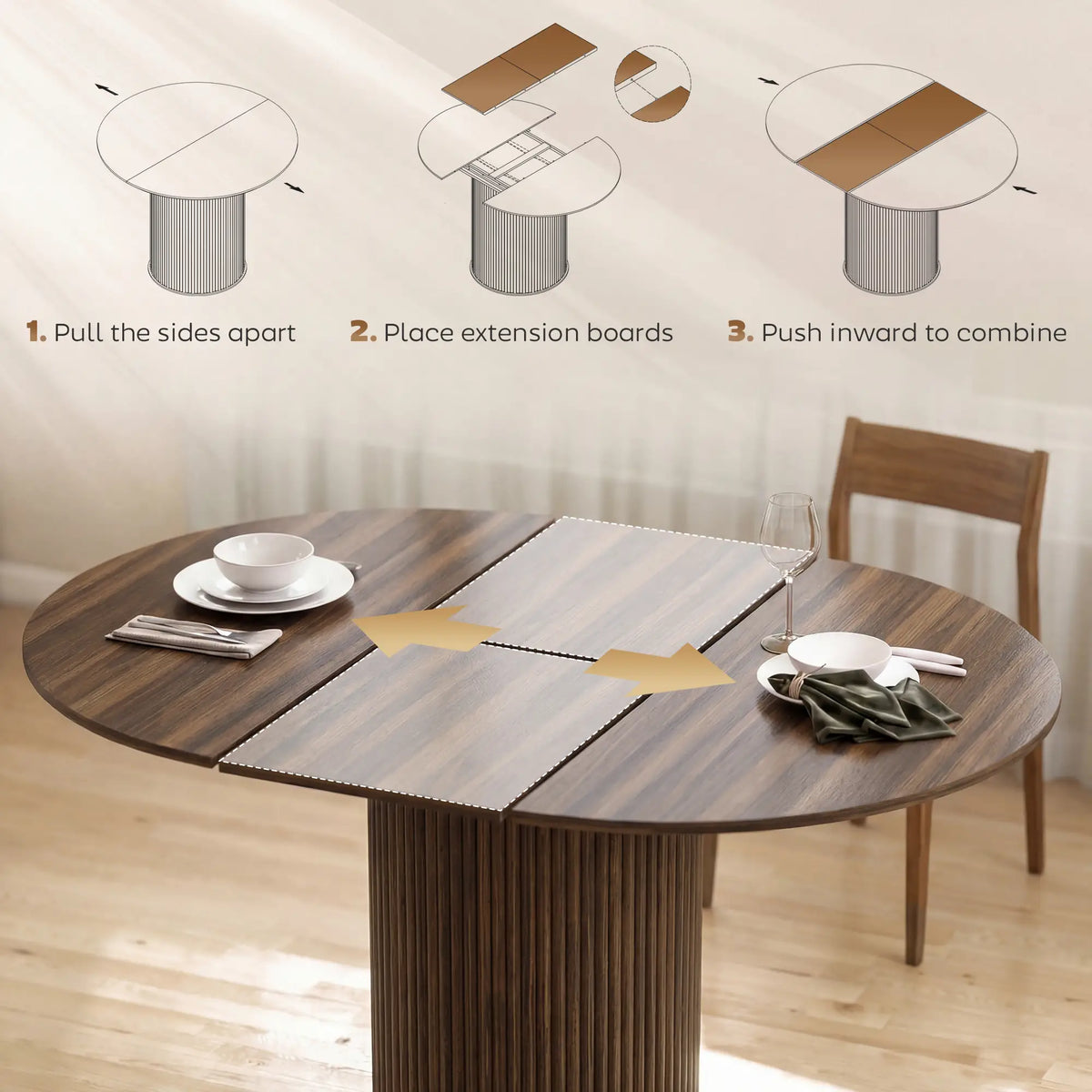 Extendable Kitchen Table, 43.5"-59", Walnut Wood Grain, Pedestal Base Dining Tables at Gallery Canada