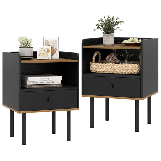 Nightstand With Drawer And Shelf, Set Of 2, Black