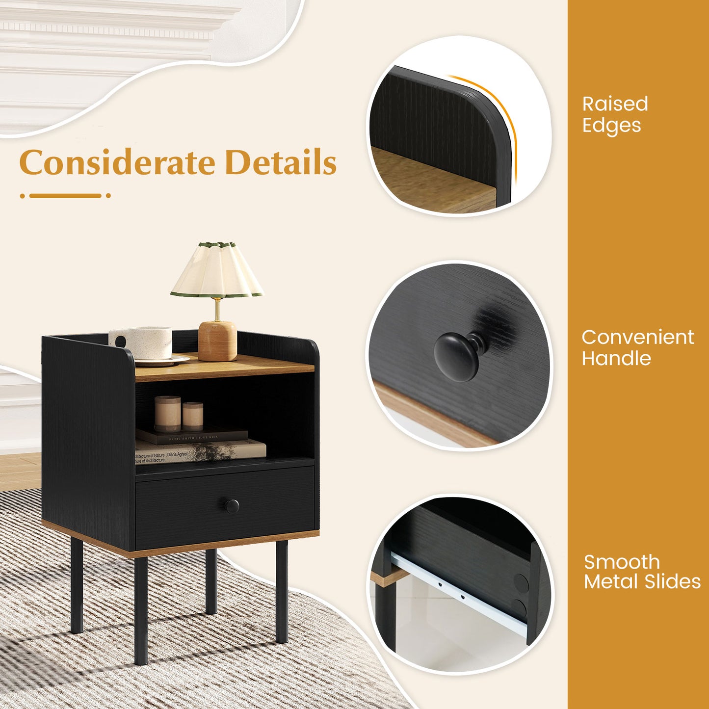 Nightstand With Drawer And Shelf, Set Of 2, Black Nightstands at Gallery Canada