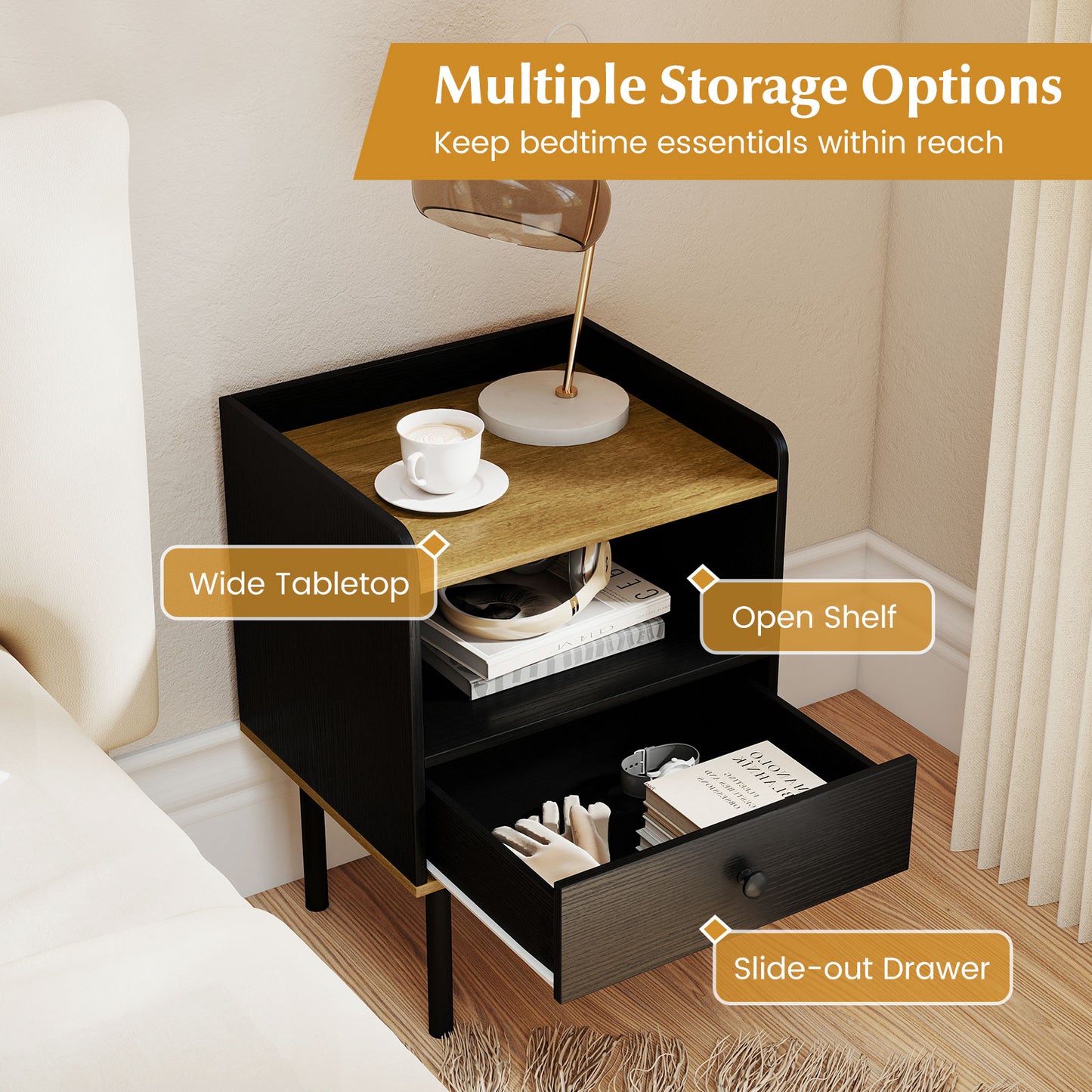 Nightstand With Drawer And Shelf, Set Of 2, Black Nightstands at Gallery Canada