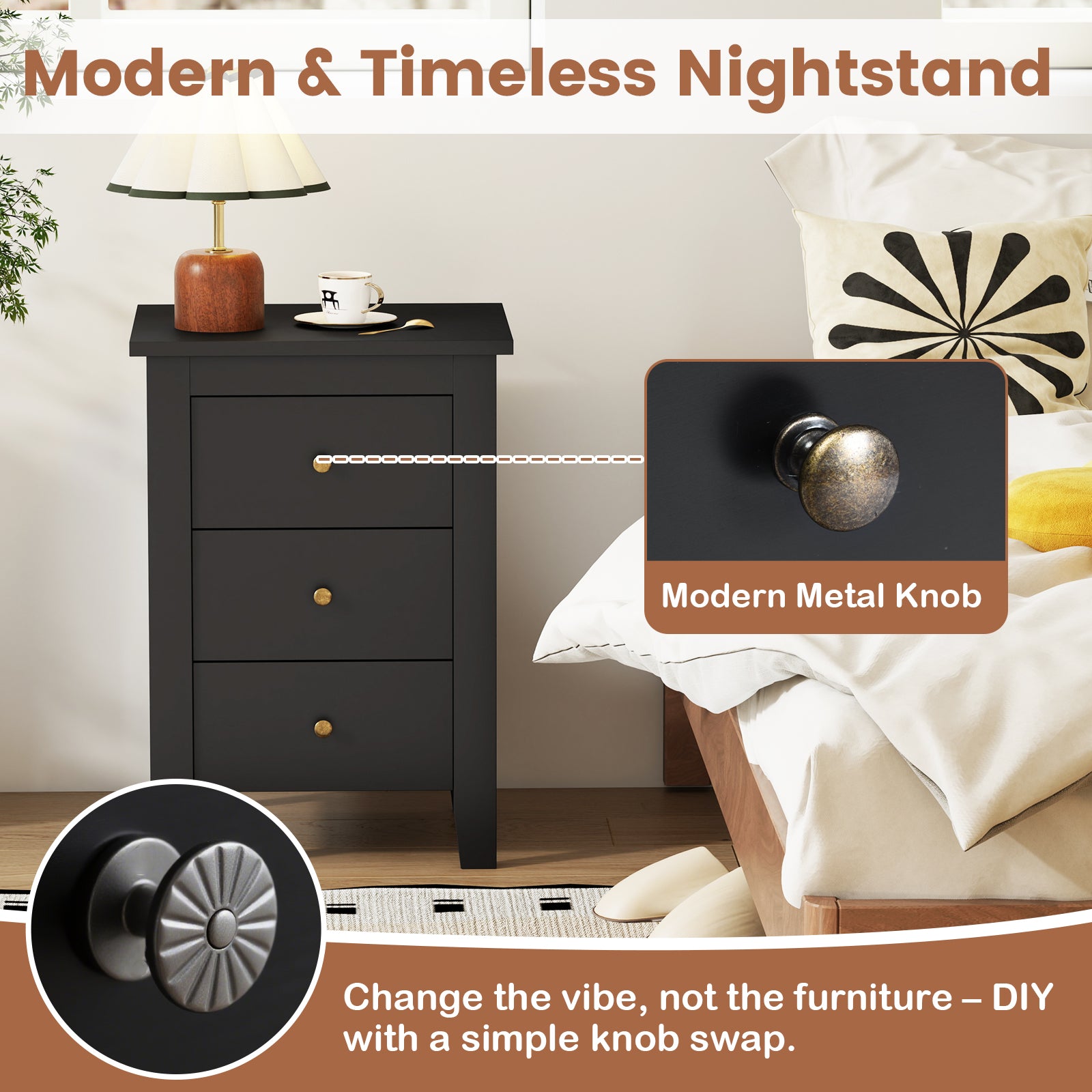 Nightstand End Beside Table Drawers Modern Storage Bedroom Furniture, Black Nightstands at Gallery Canada