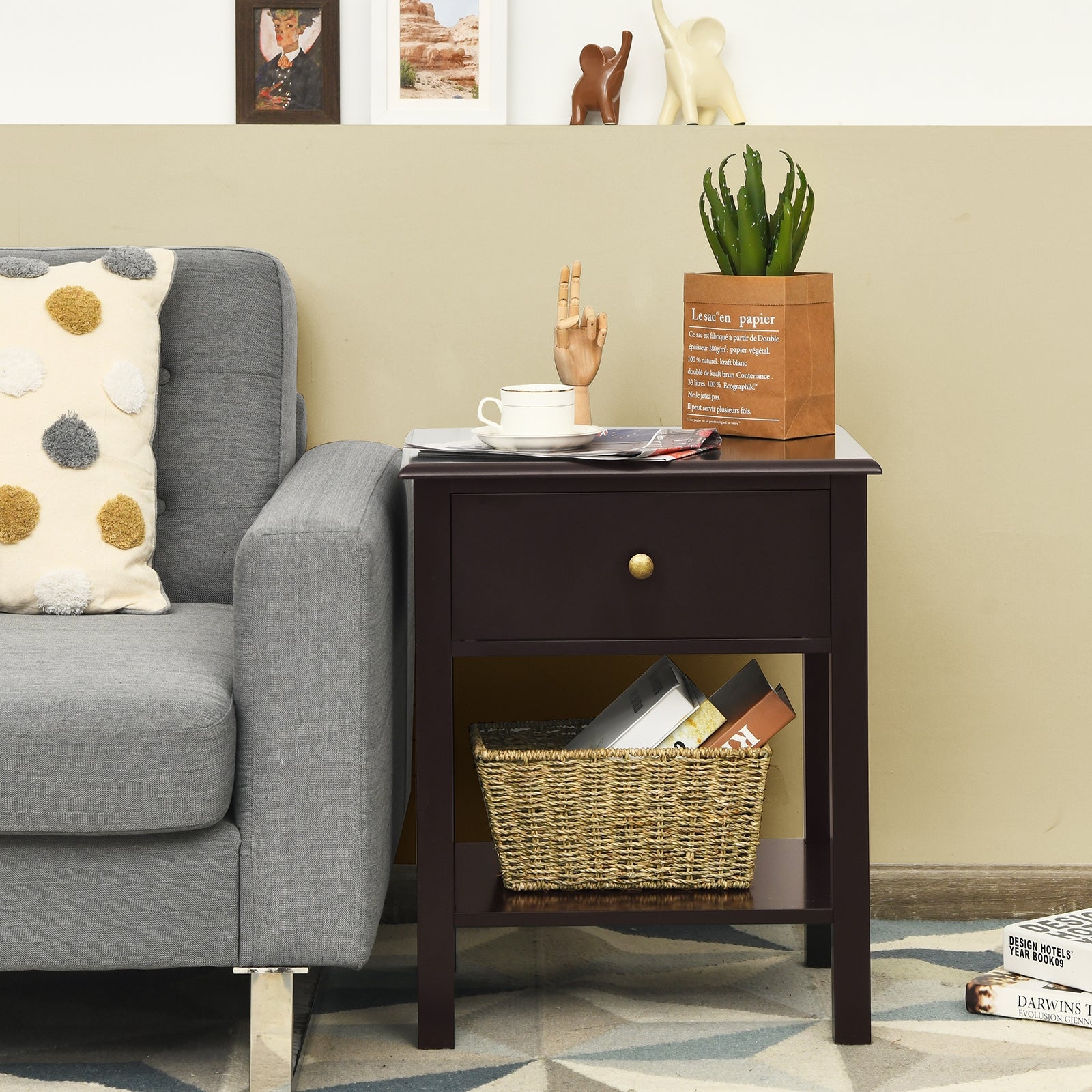 Nightstand End Table with Drawer and Shelf, Brown Nightstands at Gallery Canada