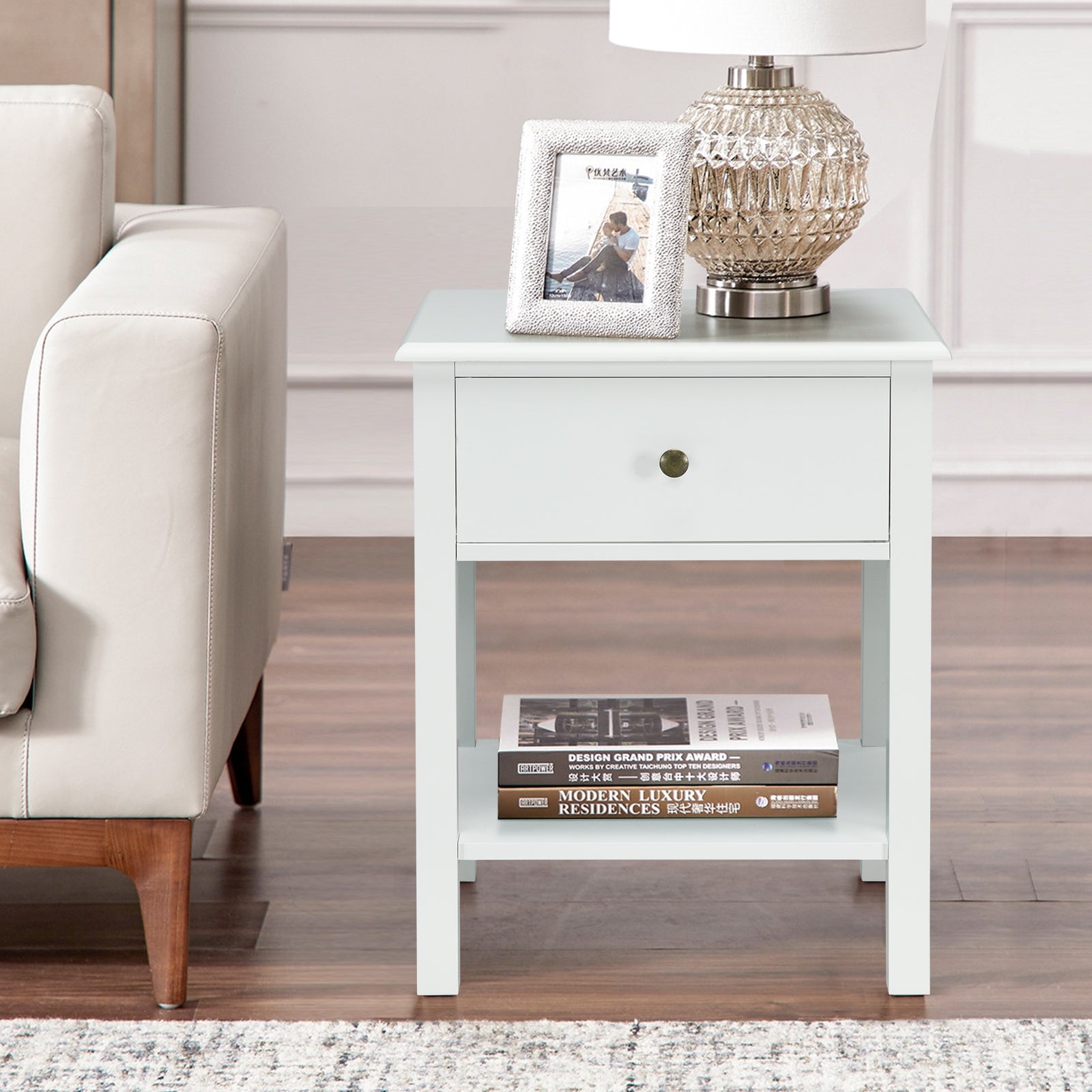 Nightstand End Table With Drawer And Shelf, White Nightstands at Gallery Canada