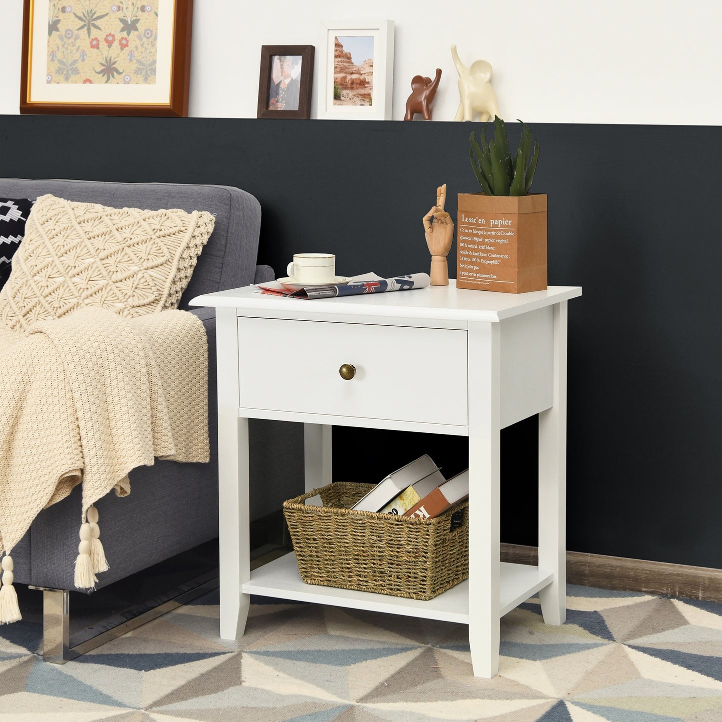 Nightstand End Table With Drawer And Shelf, White Nightstands at Gallery Canada