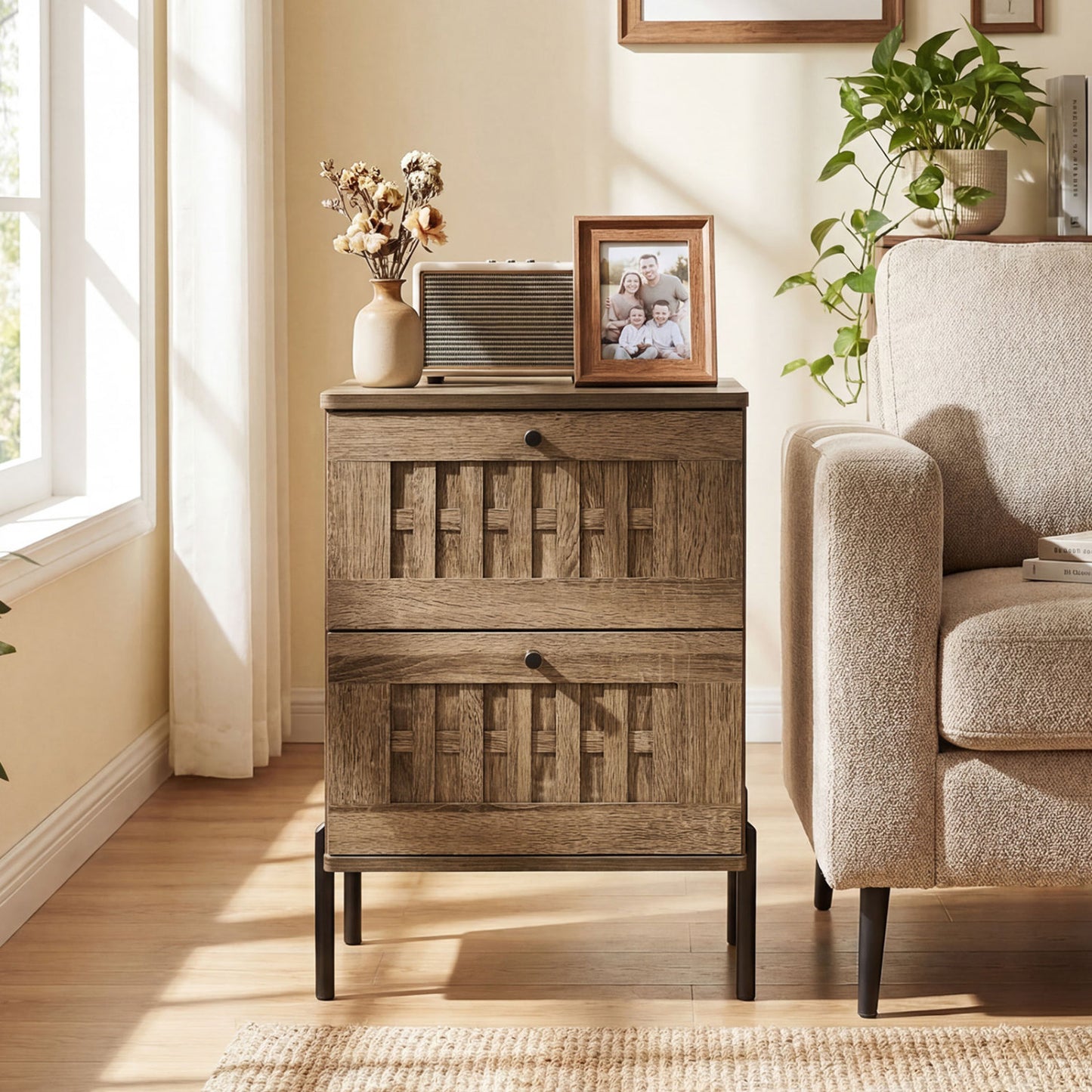 Nightstand Mid Century Modern End Table with Storage Drawers, Rustic Brown Nightstands at Gallery Canada