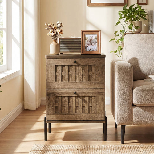 Nightstand Mid Century Modern End Table with Storage Drawers, Rustic Brown