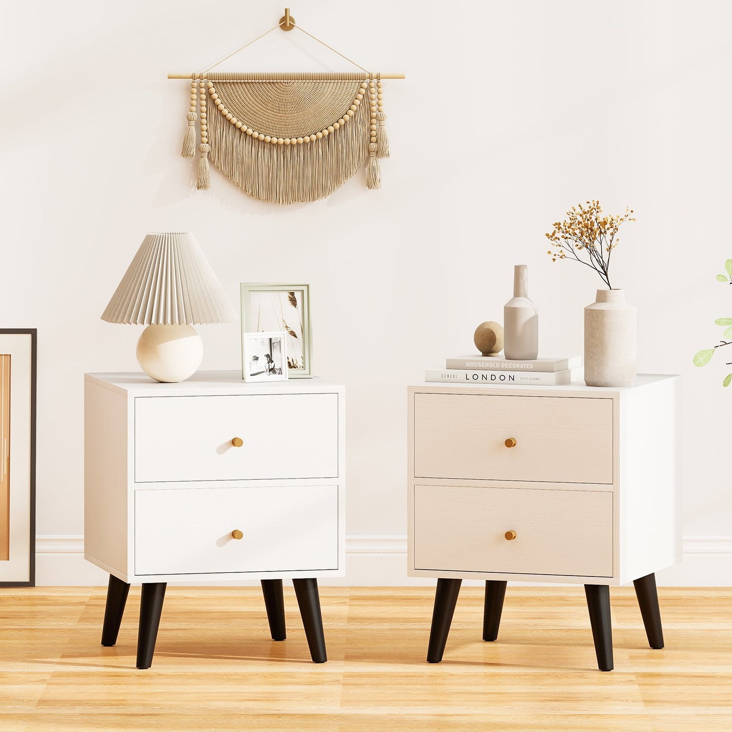 Nightstand Set of 2 Mid Century Modern Bedside Table with Golden Knobs and Raised Support Legs, White Nightstands at Gallery Canada