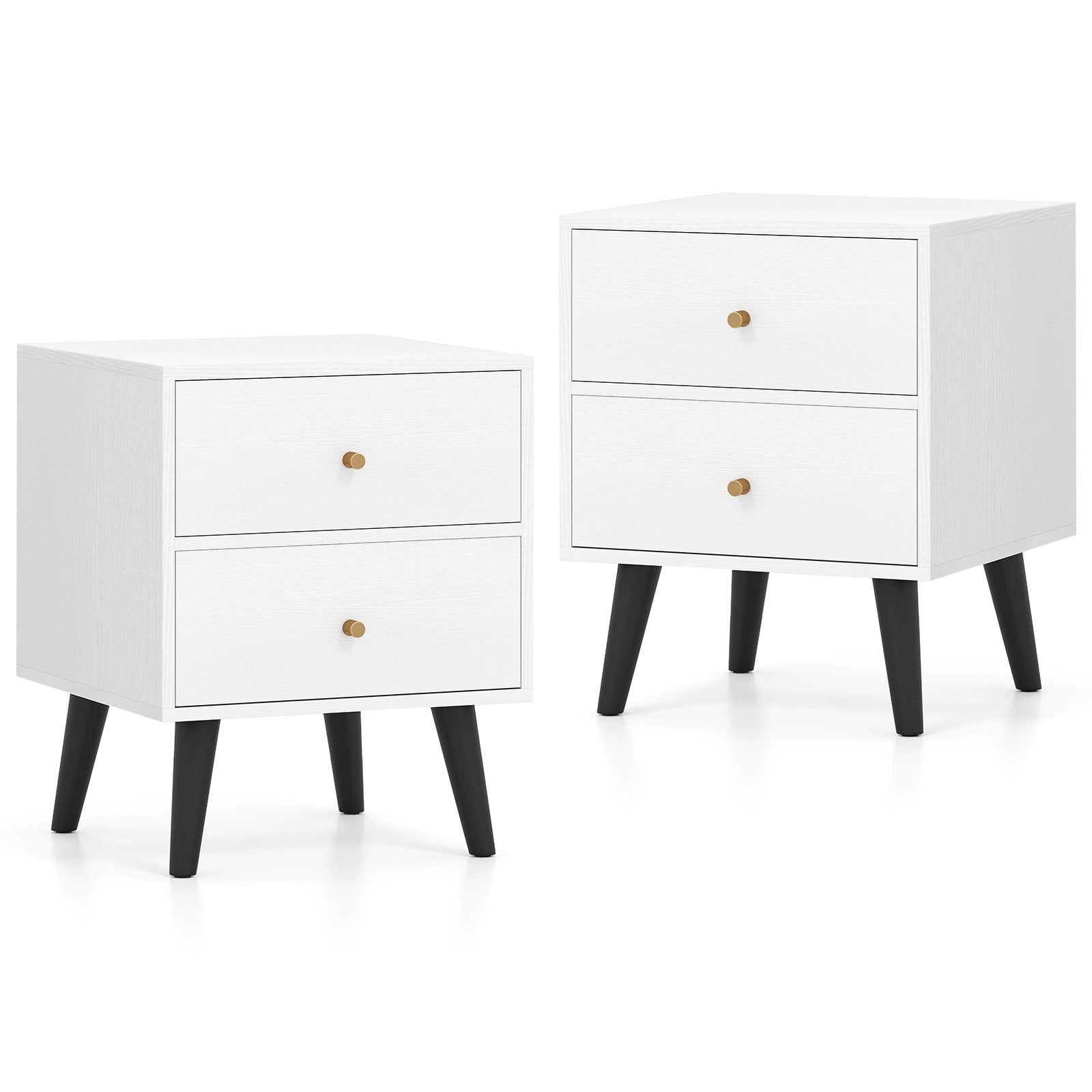 Nightstand Set of 2 Mid Century Modern Bedside Table with Golden Knobs and Raised Support Legs, White Nightstands White at Gallery Canada