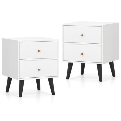 Nightstand Set of 2 Mid Century Modern Bedside Table with Golden Knobs and Raised Support Legs, White Nightstands White at Gallery Canada