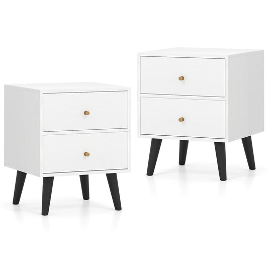 Nightstand Set of 2 Mid Century Modern Bedside Table with Golden Knobs and Raised Support Legs, White Nightstands White at Gallery Canada