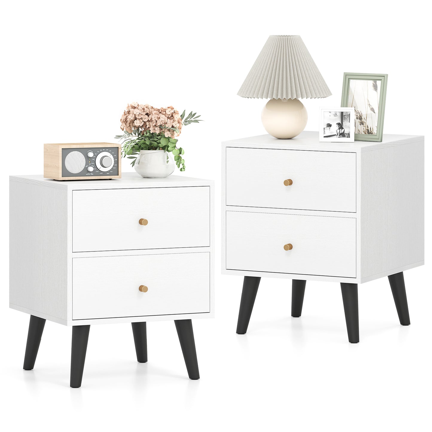 Nightstand Set of 2 Mid Century Modern Bedside Table with Golden Knobs and Raised Support Legs, White Nightstands at Gallery Canada