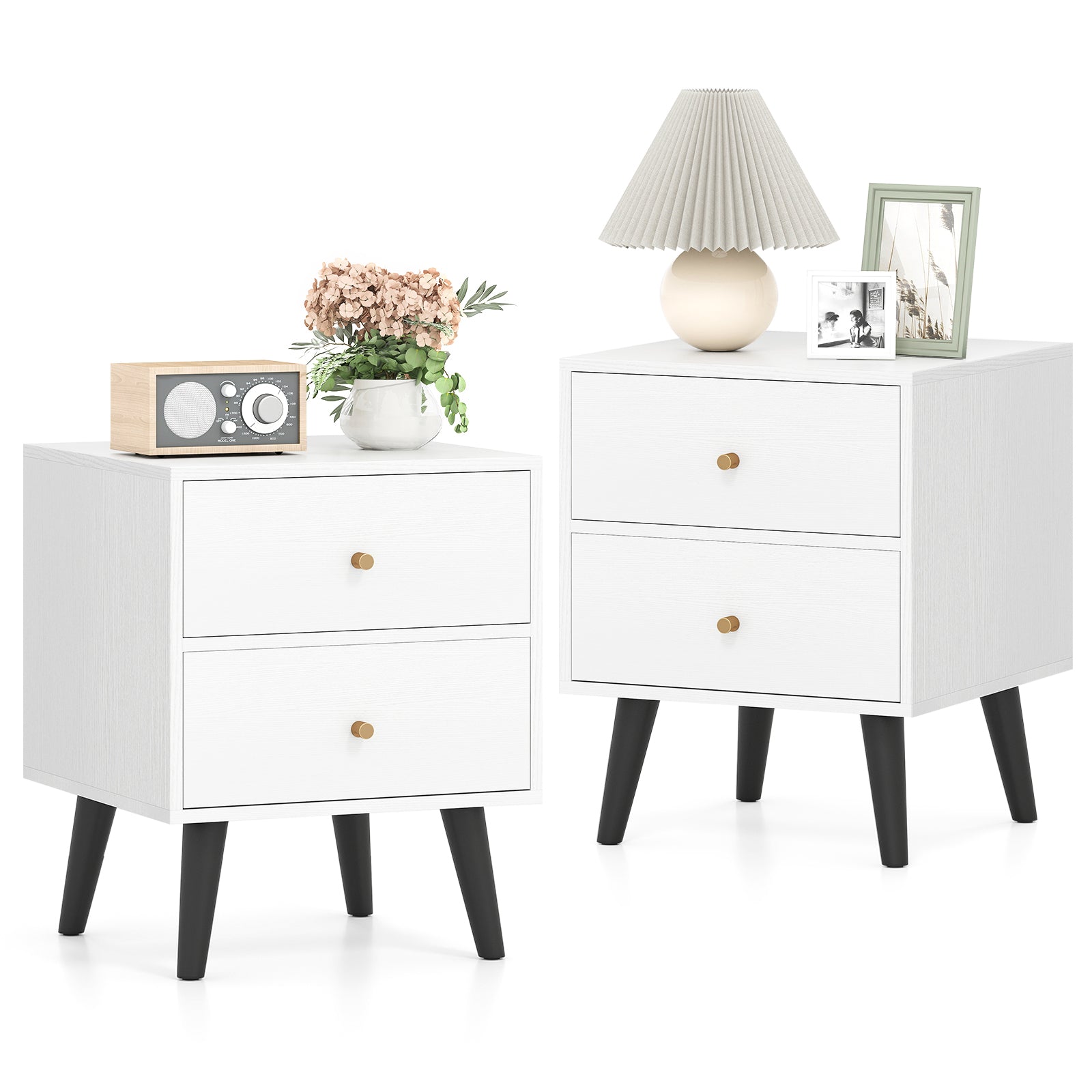 Nightstand Set of 2 Mid Century Modern Bedside Table with Golden Knobs and Raised Support Legs, White Nightstands at Gallery Canada